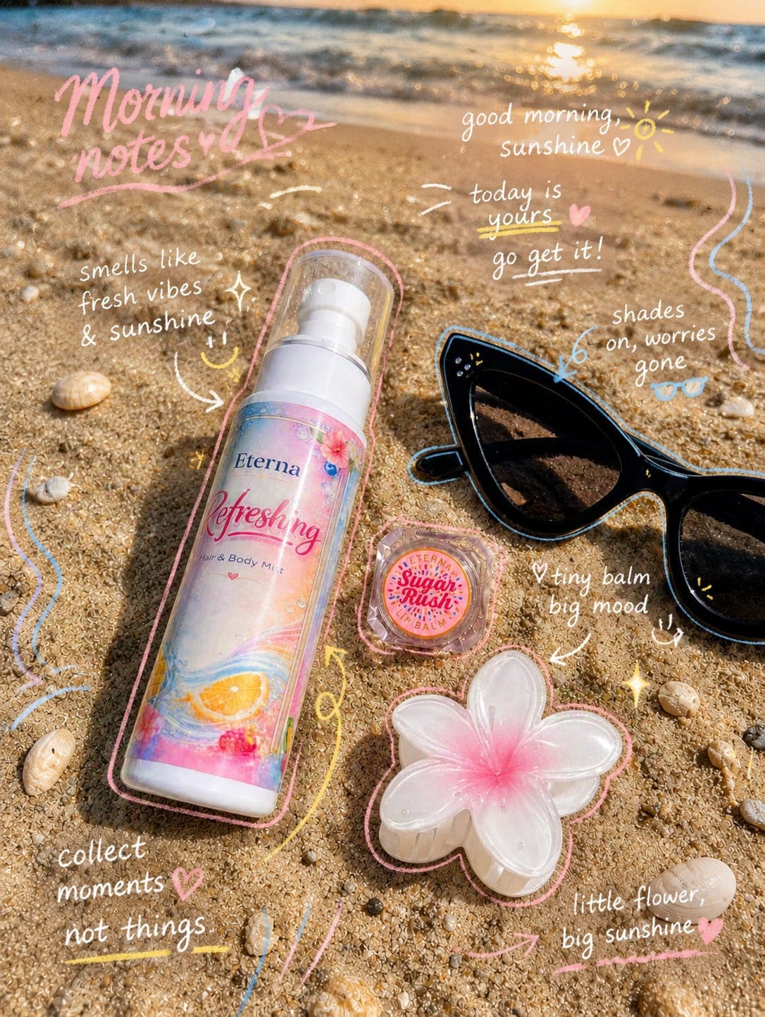 Refreshing mist and Sugar Rush lip balm on the beach